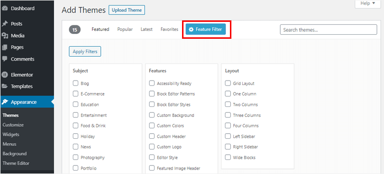Feature Filters Option