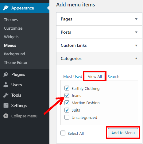 Add Categories to Menu