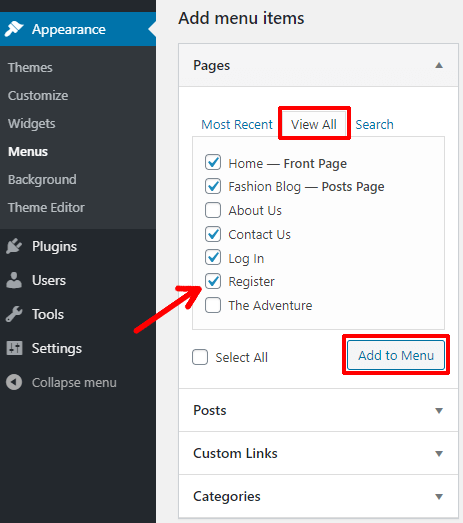 Add Pages to Menu
