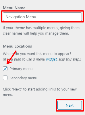 Choose Menu Name and Location