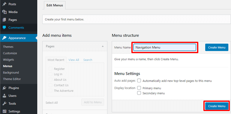 Create a New Menu in Dashboard