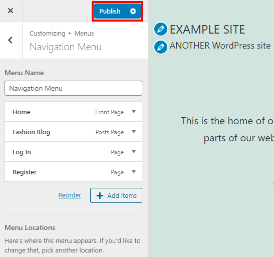 Publish Menu on Customizer