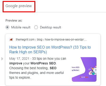 Google Snippet Preview Option