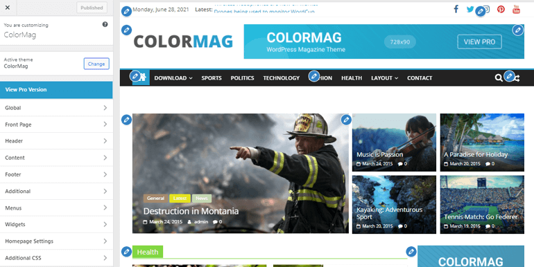 Live Preview of ColorMag Template