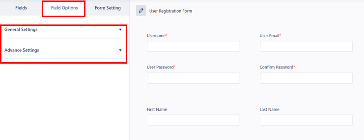 User Registration Field Options