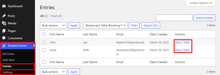 Restaurant Booking Form Entries